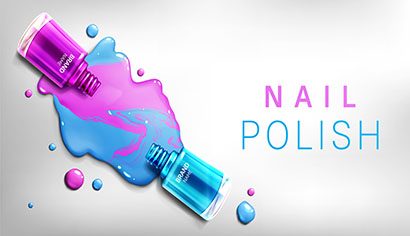 Nail polish 3d bottles mock up banner, fallen glass tubes of blue and pink color palette spill out and mix on white background. Cosmetics make up product advertising promo, Realistic vector mockup